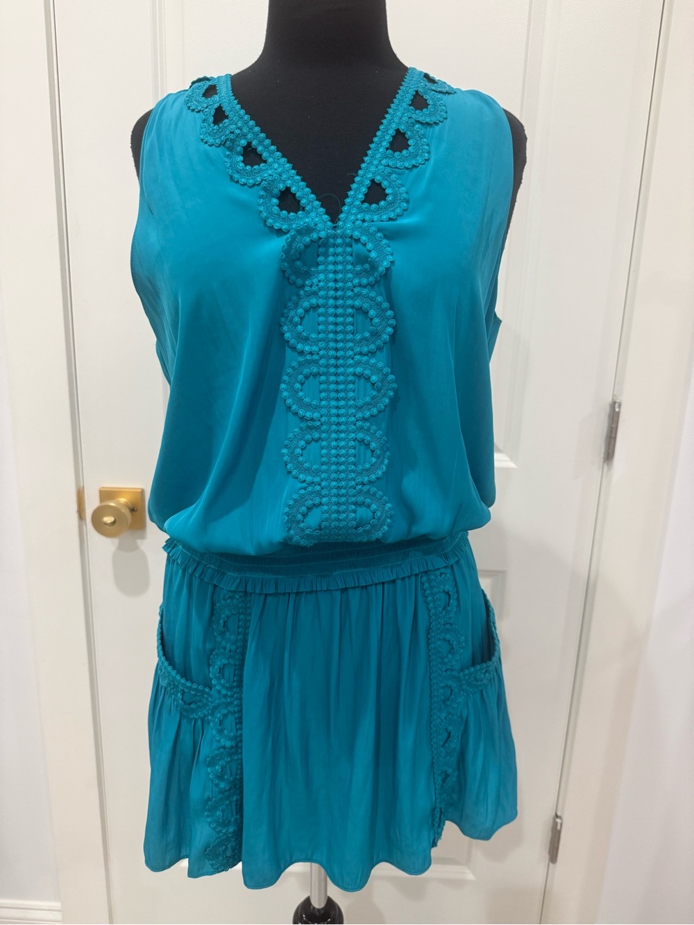 Ramy Brook Teal Crochet-Trim Mini Dress